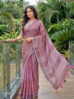 Sutriti - Purple Women Premium Linen Saree with Unstitched Blouse