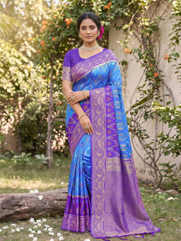 Sutriti - Blue Pochampalli Silk Saree with Unstitched Blouse