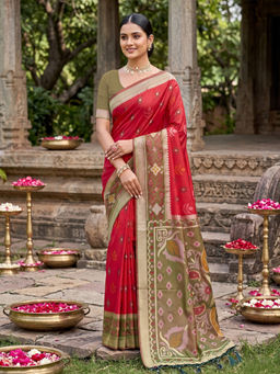 Sutriti - Red Pochampalli Silk Saree with Unstitched Blouse