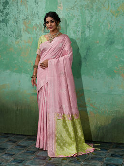 Sutriti - Peach and Mehendi Green Cotton Silk Saree with Unstitched Blouse
