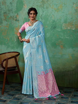 Sutriti - Sky Blue and Pink Cotton Silk Saree with Unstitched Blouse
