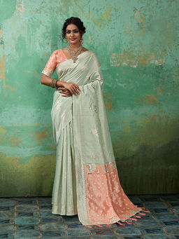 Sutriti - Light Green and Pink Cotton Silk Saree with Unstitched Blouse