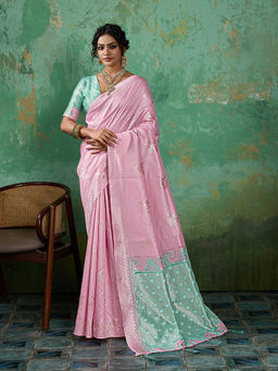 Sutriti - Pink and Sky Blue Cotton Silk Saree with Unstitched Blouse