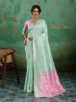 Sutriti - Sea Green and Pink Cotton Silk Saree with Unstitched Blouse