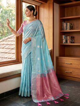 Sutriti - Sky Blue and Pink Cotton Silk Saree with Unstitched Blouse