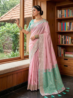 Sutriti - Pink and Sky Blue Cotton Silk Saree with Unstitched Blouse