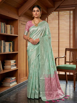 Sutriti - Sea Green and Pink Cotton Silk Saree with Unstitched Blouse