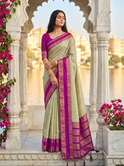 Sutriti - Green Beige and Rani Pink Soft Silk Saree with Unstitched Blouse