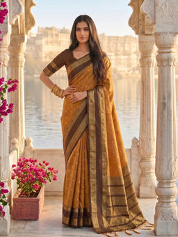 Sutriti - Mustard and Dark Brown Soft Silk Saree with Unstitched Blouse