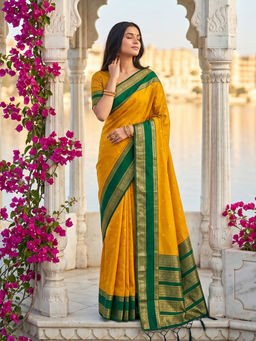 Sutriti - Yellow and Green Soft Silk Saree with Unstitched Blouse
