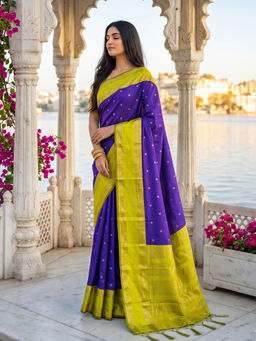 Sutriti - Purple and Lime Green Soft Silk Saree with Unstitched Blouse