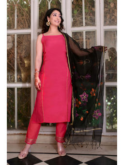 Indi Inside - Women Pink Gota Emblished Kurta with Pants & Painted Chanderi Dupatta (Set of 3)