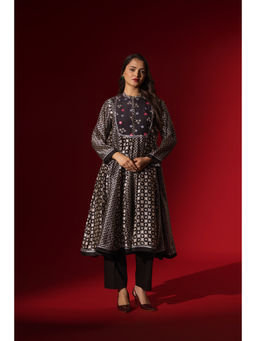 Naseebo - Ebony Black Silk Embroidery Anarkali Kurta and Pant