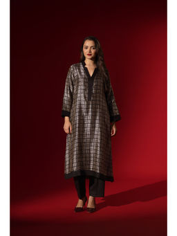 Naseebo - Ebony Checked Print Black Silk Kurta and Pant