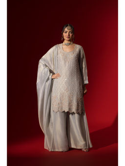 Naseebo - Silver Haze Grey Embroidered Kurta with Palazzo & Dupatta
