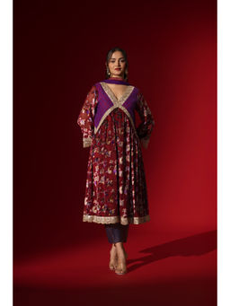 Naseebo - Maroon Mystic Velvet Anarkali with Pant & Dupatta