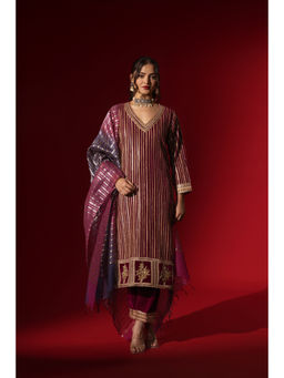 Naseebo - Wine Velvet Gota Kurta with Pant & Dupatta