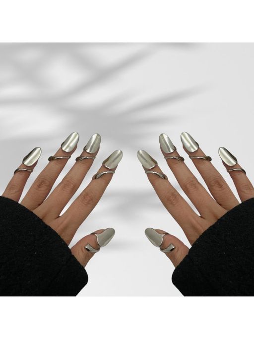 ISHKAARA Silver Plated Bold Nail Shape Set of 10 Metal Nail Adjustable Rings for Women