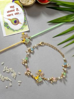 Gahan - Multi-Color Gold Toned Radha Krishna Beaded Bhaiya Bhabhi Rakhi