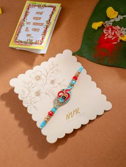 Gahan - Red & Blue Artificial Stones and Beads Om Thread Rakhi