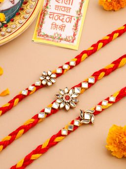 Gahan - Red & Yellow Kundan Studded Floral Design Thread Rakhis (Pack of 3)