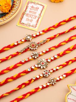 Gahan - Red & Yellow Kundan Studded Floral Design Thread Rakhis (Pack of 6)
