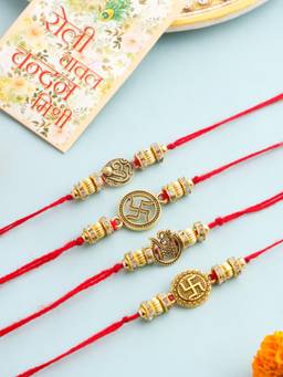 Gahan - Gold Toned Artificial Stones Swastik Design Thread Rakhis (Pack of 4)