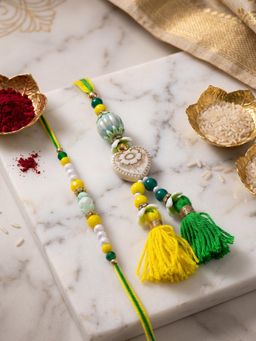 Gahan - Green & Yellow Beaded Heart Shape Bhaiya Bhabhi Rakhi