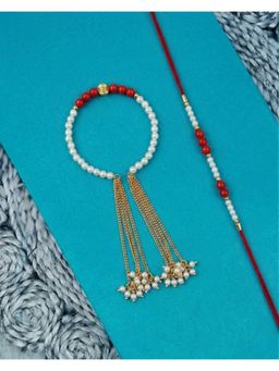 Gahan - White Pearls & Red Artificial Beads Bhaiya Bhabhi Rakhi