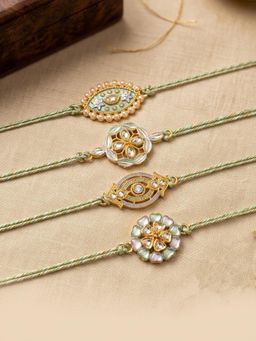 Gahan - White Artificial Stones & Green Thread Rakhis (Pack of 4)