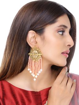 Yellow Chimes - Peach-Coloured Gold-Plated Stone Studded and Beaded Tasselled Drop Earrings