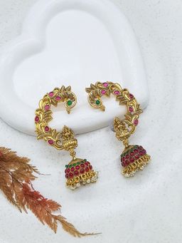 GRIIHAM - Gold Plated Pearl Ruby White Cz Stone Bluetooth Jhumka Earrings