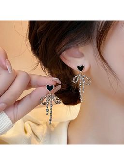 ESTAILO FASHION - Rhinestone Bow Heart Drop Earrings Black