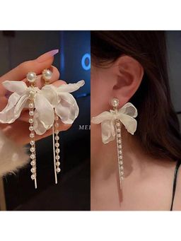 ESTAILO FASHION - Chiffon Bow Pearl Tassel Earrings White