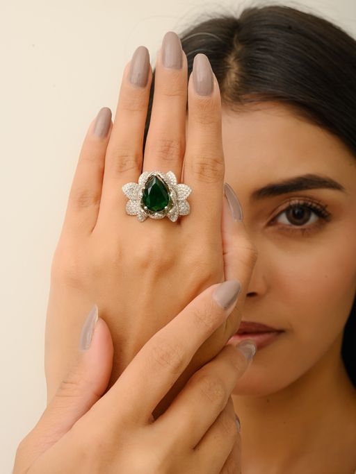 METALM Women Statement Ring In - Sparkle Pear Shaped Green Cz Diamonds