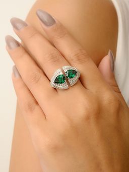 METALM - Open Cocktail Ring with Sparkling Ice Cut Green Cz Diamonds
