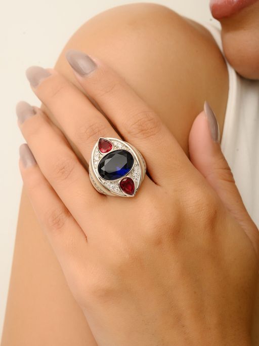 METALM Art Deco Cocktail Ring with Sparkling Red and Blue Oval Cut Cz Diamonds