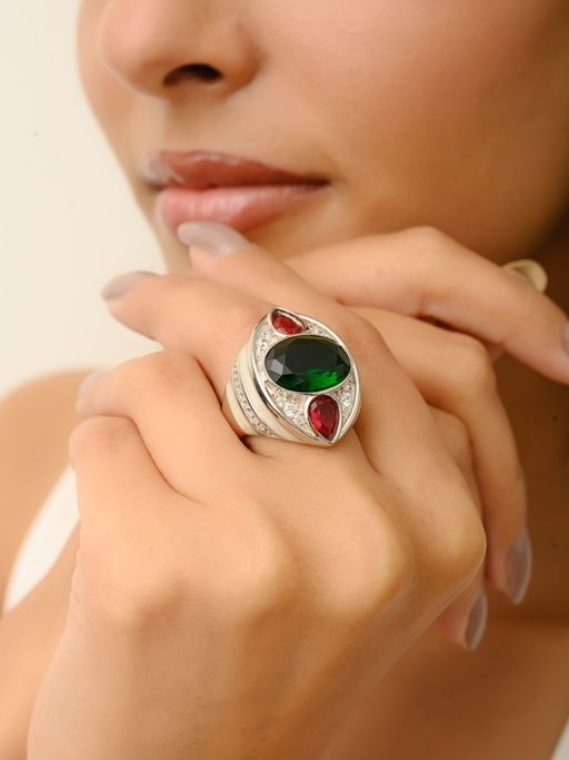 METALM Art Deco Cocktail Signet Ring with Colourful Red and Green Cz Diamonds