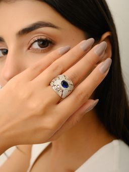 METALM - Statement Ring For Women with Oval Cut Blue Cz Diamond
