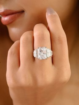METALM - Emerald Cut Cocktail Ring with Thrashed Ice Cut White Cz Diamonds