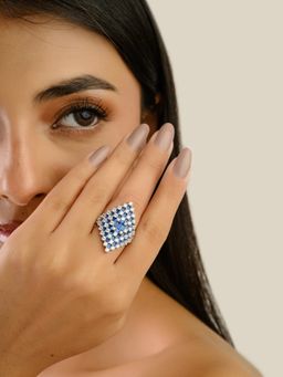 METALM - Blue and White Cz Diamond Statement Ring For Women