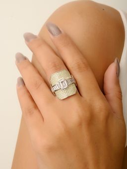 METALM - Signet Ring For Women with Cz Diamonds and White Gold Finish