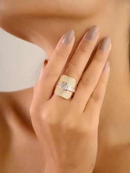 METALM - Signet Ring with White Cz Diamonds In Rose Gold Finish