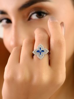 METALM - White Gold Floral Ring Adorned with Dazzling Blue and White Cz Diamonds