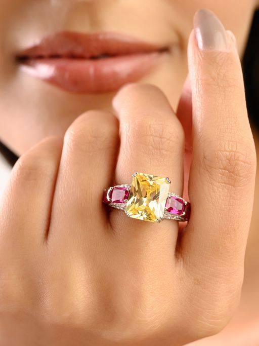 METALM Halo Ring In White Gold Finish with Yellow Citrine and Ruby Pink Cz Diamonds