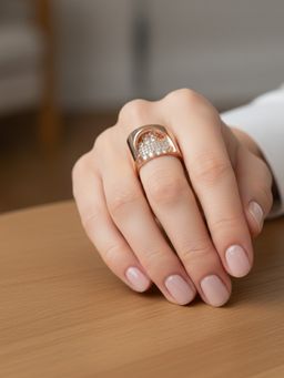 METALM - Rose Gold Plated Open Ring For Women with Shiny Cz Diamond Accents