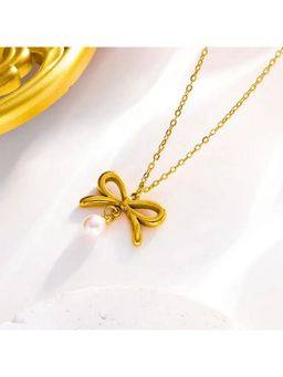 ESTAILO FASHION - Golden Bow Pearl Necklace Gold