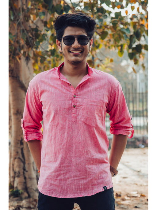 JAVINISHKA Pink Cotton Linen Textured Short Kurta
