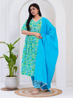 SAK JAIPUR - Women Blue Cotton V-Neck Flared Anarkali Kurta with Pant and Dupatta (Set of 3)