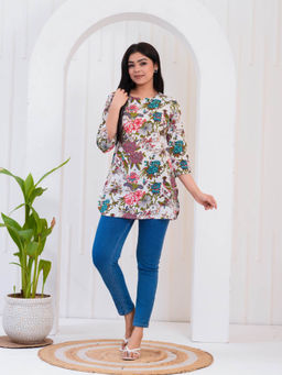 SAK JAIPUR - Women Multi-Color Cotton Printed Round Neck Hip Length Straight Kurti